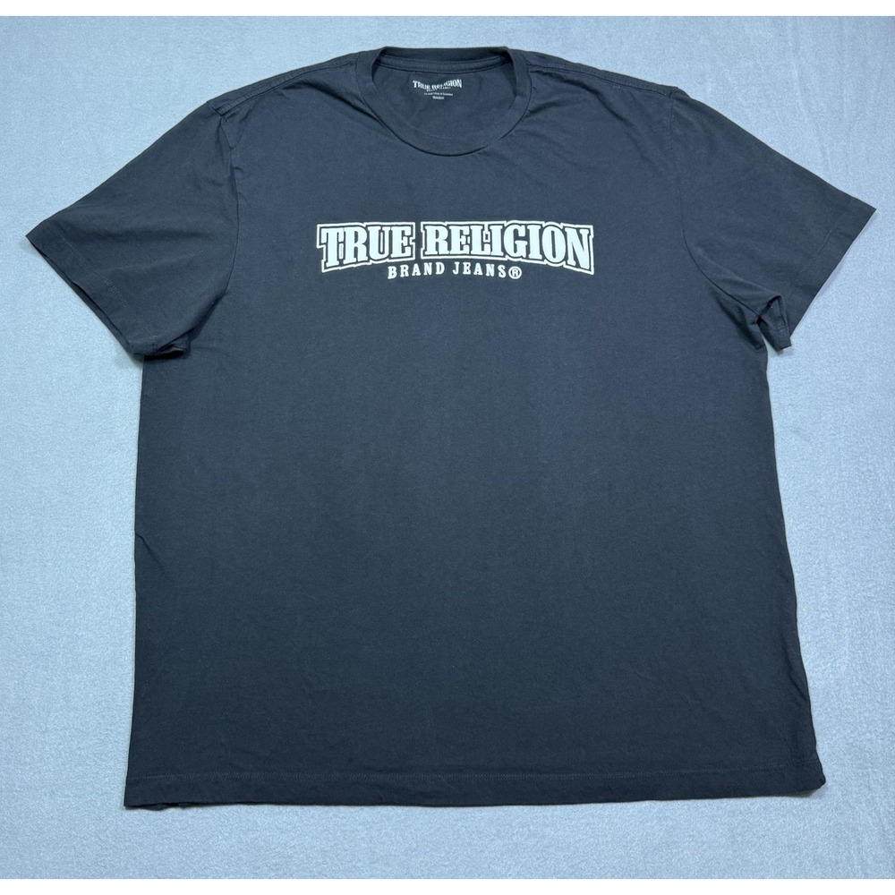 True Religion T Shirt Mens XXL Relaxed Fit Spellout Big Logo Black Retro Street